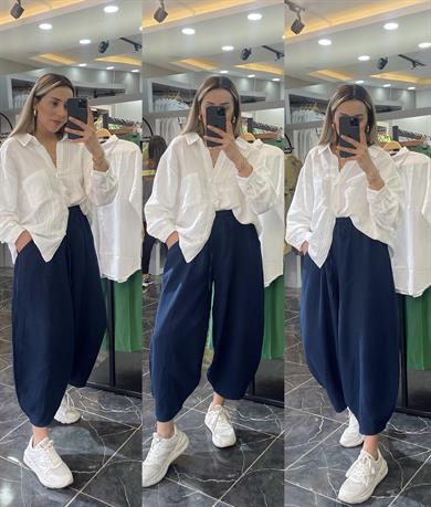 Lacivert Keten Şalvar Pantolon