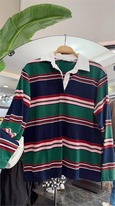 Lacivert-Kırmızı Çizgili Uzun Kol Sweatshirt