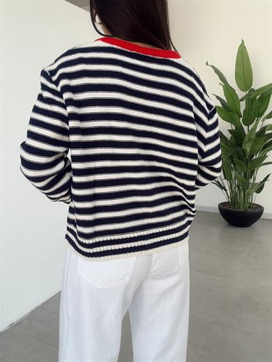 Lacivert-Krem Ters Dikişli Çizgili Hırka