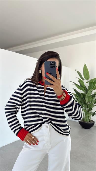 Lacivert-Krem Ters Dikişli Çizgili Hırka