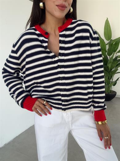 Lacivert-Krem Ters Dikişli Çizgili Hırka