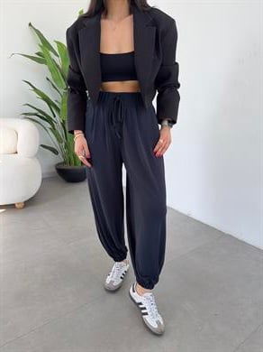 Lacivert Likralı Kemerli Şalvar Pantolon