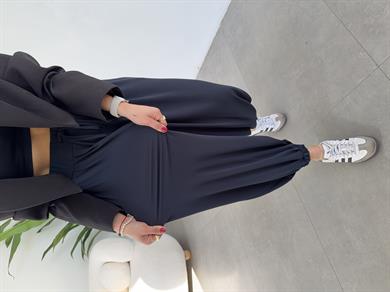 Lacivert Likralı Kemerli Şalvar Pantolon