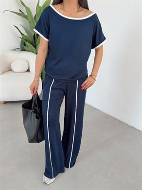 Lacivert Modal Kontras Biyeli Tshirt Pantolon Takım