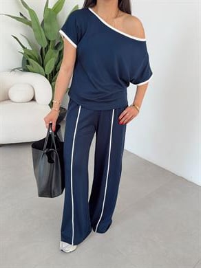 Lacivert Modal Kontras Biyeli Tshirt Pantolon Takım
