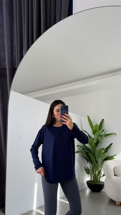 Lacivert Modal Kumaş Bisiklet Yaka Uzun Kol Bluz