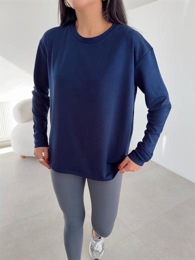 Lacivert Modal Kumaş Bisiklet Yaka Uzun Kol Bluz