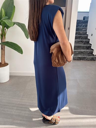 Lacivert Modal Kumaş Bisiklet Yaka Vatkalı Elbise