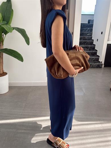 Lacivert Modal Kumaş Bisiklet Yaka Vatkalı Elbise