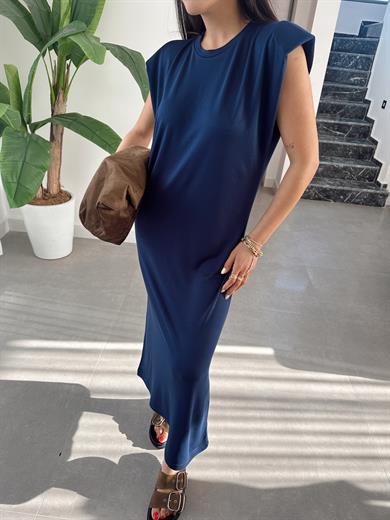 Lacivert Modal Kumaş Bisiklet Yaka Vatkalı Elbise