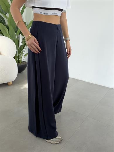 Lacivert Modal Yan Pileli Palazzo Pantolon