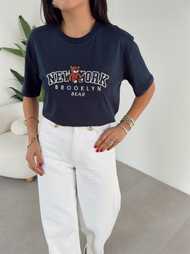 Lacivert Ny Teddy Nakışlı Bisiklet Yaka Tshirt
