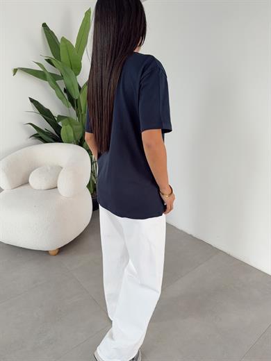 Lacivert Ny Teddy Nakışlı Bisiklet Yaka Tshirt