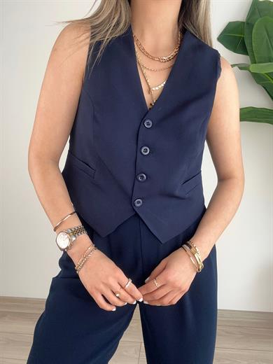 Lacivert Önü Düğmeli Kısa Yelek
