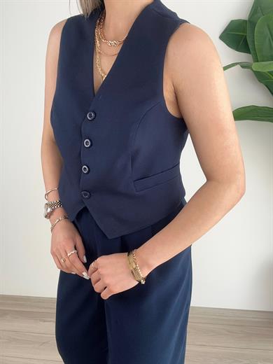 Lacivert Önü Düğmeli Kısa Yelek