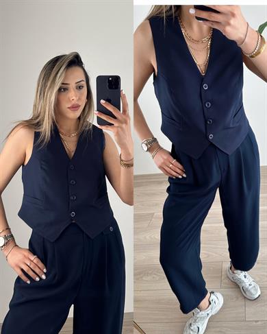 Lacivert Önü Düğmeli Kısa Yelek