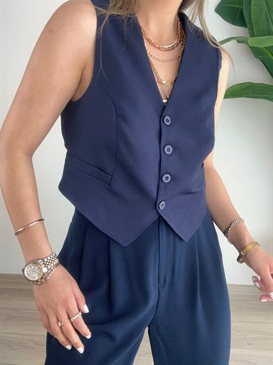 Lacivert Önü Düğmeli Kısa Yelek