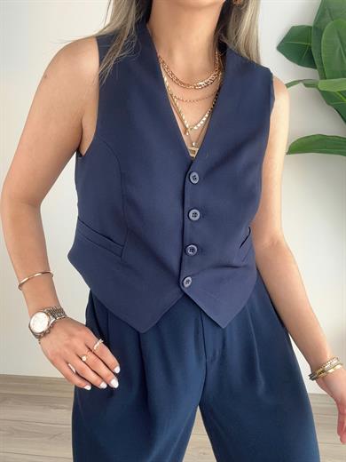 Lacivert Önü Düğmeli Kısa Yelek