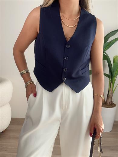 Lacivert Önü Düğmeli Kısa Yelek