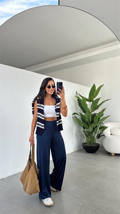 Hena Lacivert Örme Saten Kemersiz Palazzo Pantolon