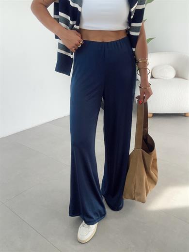 Hena Lacivert Örme Saten Kemersiz Palazzo Pantolon