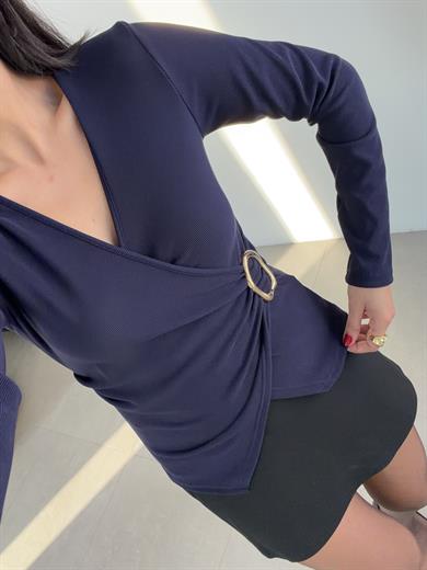 Lacivert Ottoman Kruvaze Tokalı Bluz