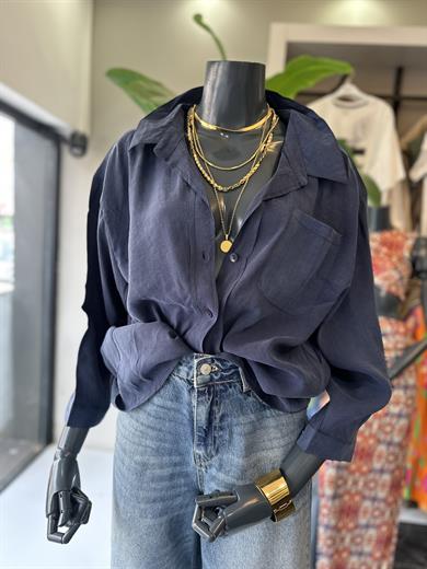 Lacivert Oversize Tencel Gömlek
