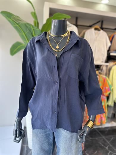 Lacivert Oversize Tencel Gömlek