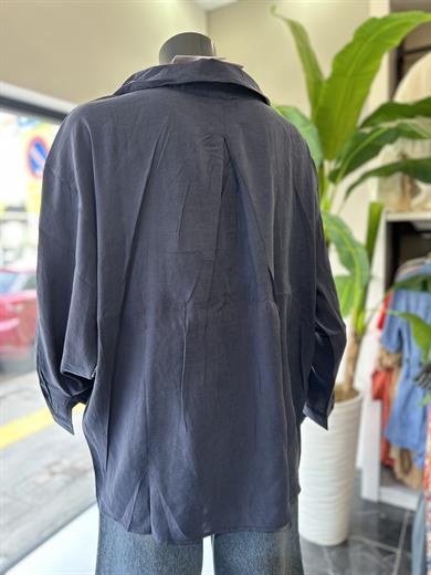Lacivert Oversize Tencel Gömlek