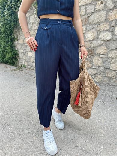 Lacivert Paça Pileli Pantolon