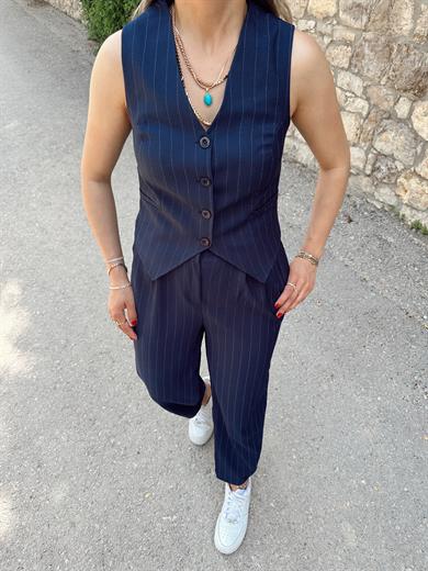 Lacivert Paça Pileli Pantolon