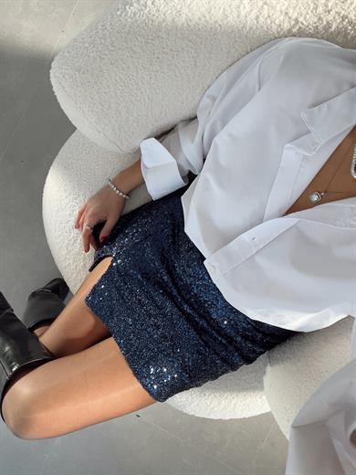 Lacivert Pullu Yırtmaçlı Etek