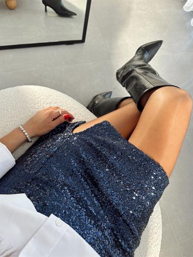 Lacivert Pullu Yırtmaçlı Etek