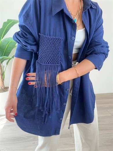 Lacivert Püskül Cep Detaylı Oversize Gömlek