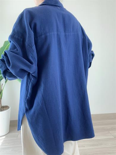 Lacivert Püskül Cep Detaylı Oversize Gömlek