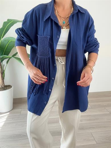 Lacivert Püskül Cep Detaylı Oversize Gömlek
