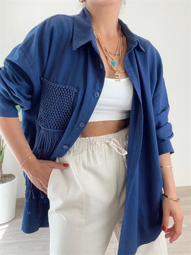 Lacivert Püskül Cep Detaylı Oversize Gömlek