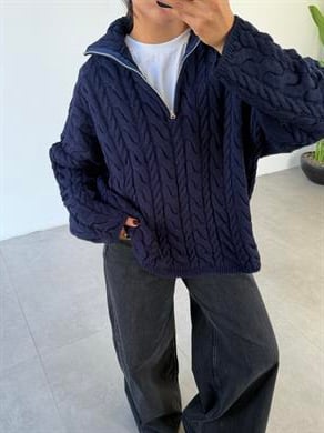 Lacivert Saç Örgülü Fermuarlı Kazak