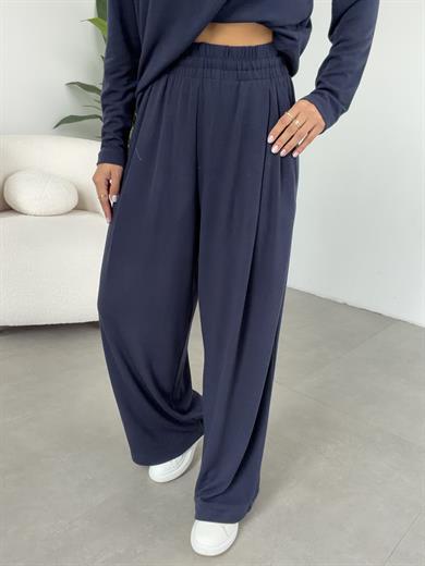 Lacivert Sonsuz Kumaş Geniş Kemerli Pileli Eşofman Altı