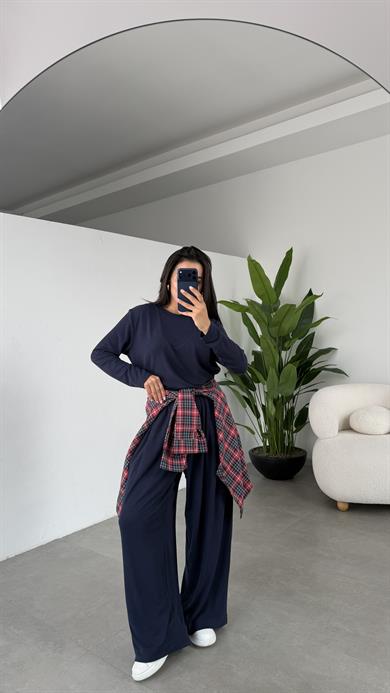 Lacivert Sonsuz Kumaş Uzun Kollu Bluz