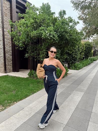 Lacivert Straplez Bluz  Pantolon Takım