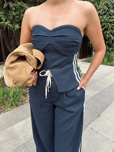 Lacivert Straplez Bluz  Pantolon Takım