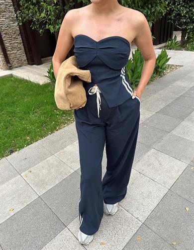 Lacivert Straplez Bluz  Pantolon Takım