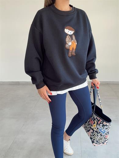Lacivert Tedy Nakışlı Sweat