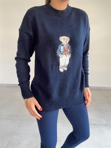 Lacivert Tedy Nakışlı Triko Kazak