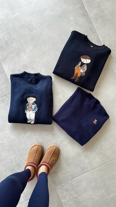 Lacivert Tedy Nakışlı Triko Kazak