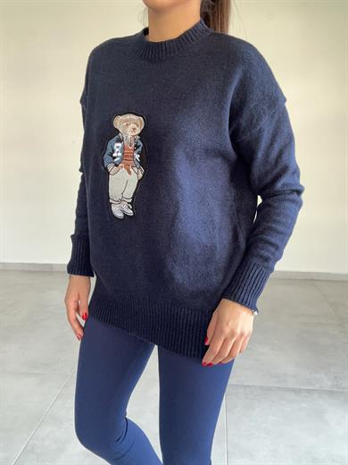 Lacivert Tedy Nakışlı Triko Kazak