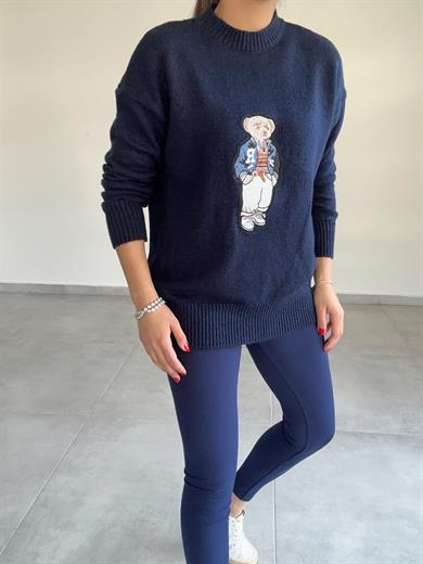 Lacivert Tedy Nakışlı Triko Kazak