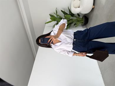 Lacivert Tek Pileli Çizgili Denim Pantolon