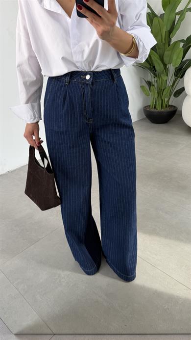Lacivert Tek Pileli Çizgili Denim Pantolon